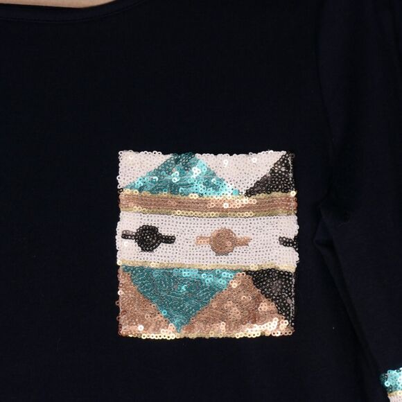 Arden Furtado Knit Top Womens L Knit Top Blue Beaded Sequins Tribal Pocket - Picture 4 of 12